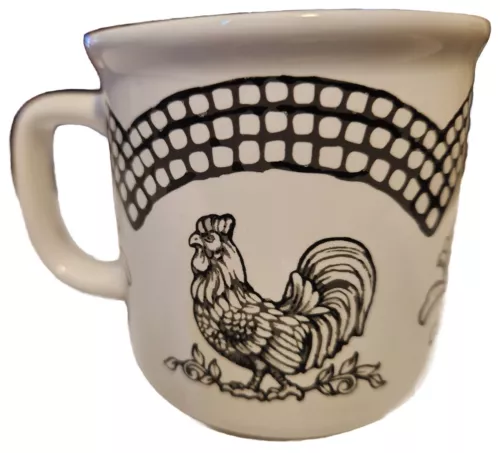 Vtg White/Blk Doodle Doo Rooster Mug Temp-tations 16 oz Micro/Oven/Dishwasher