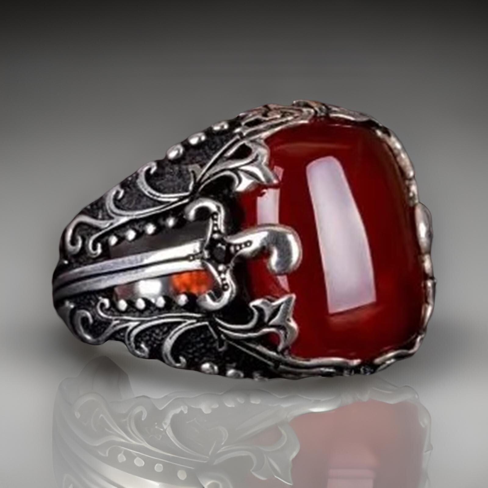Red Agate Men's Ring 925 Sterling Silver With Sword Sides