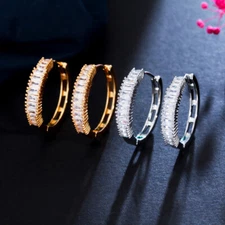 Cute Baguette 585 Gold CZ Crystal Small Round Hoop Earrings Women Jewellery