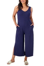 Cuddl Duds wide Leg Flexwear v-Neck Jumpsuit Navy