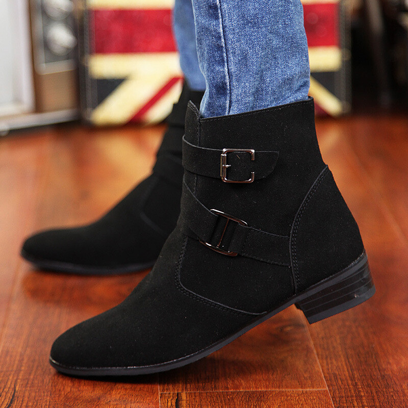 Men's Cuban Heel Zip Boots Pointed Toe British High Top Suede Ankle