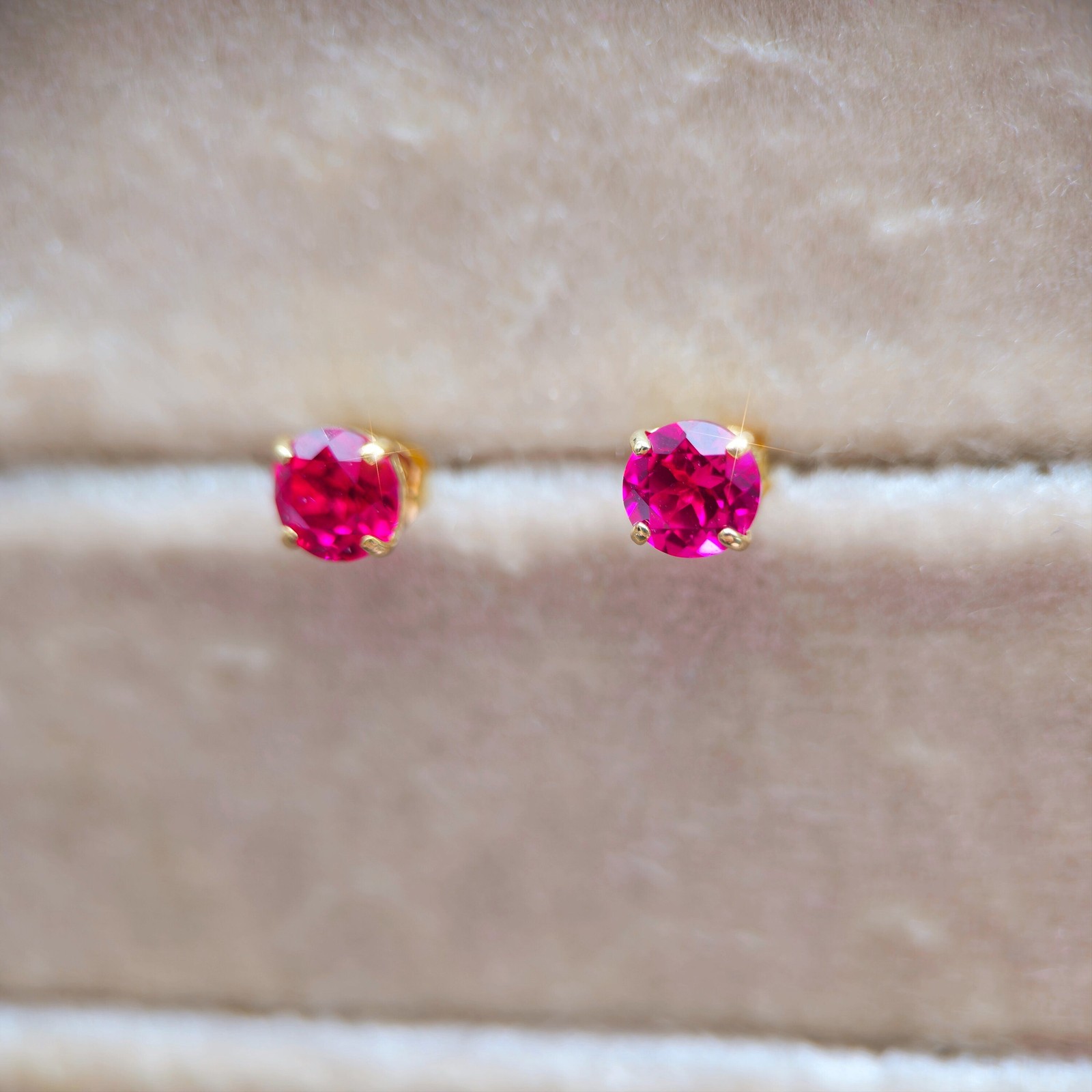 Solid 9ct Yellow Gold Solitaire Ruby Studs - Natu… - image 5