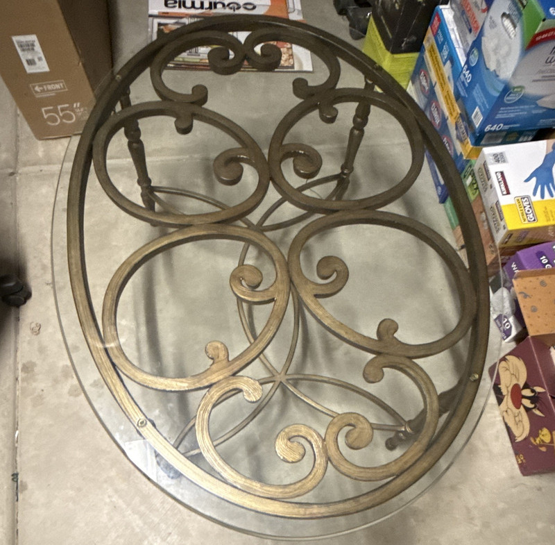 Round Glass Top Metal Scrollwork End Table Antique Gold/Clear 30x30x28"