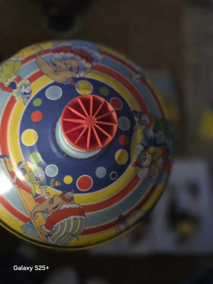 Juguete de circo giratorio de metal de hojalata Schylling vintage - payasos y elefantes Foto 4 de 4