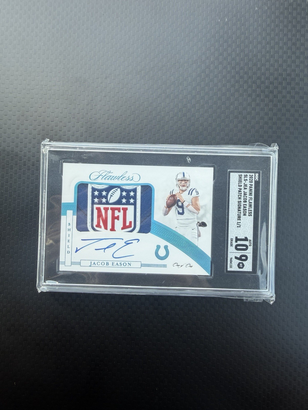 2020 Panini Flawless Jacob Eason Shield Auto 1/1 Rookie RPA SGC 9 view 1