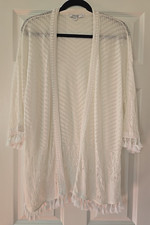 Women's Chico's White Open Knit Crochet Cardigan with Tassels Size 2/ Large
