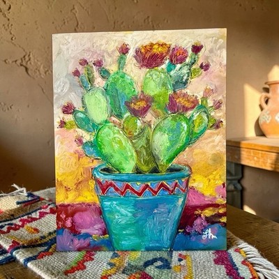Signed Original Oil Painting on Paper Colorful Cactus Succulent in Pot  11x14''