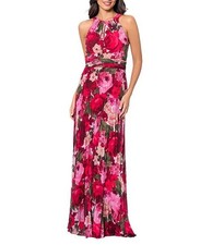 Xscape Red Pink Floral Halter Pleated Chiffon Gown Dress Size 4 $248