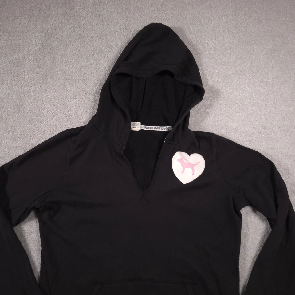 Pulôver Victoria's Secret com capuz rosa feminino grande preto gola V logotipo coração de cachorro - Imagem 3 de 4