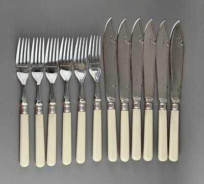Edwardianische versilberte Fischmesser & Gabeln. Verpackt. Sammlerstück antikes Besteck