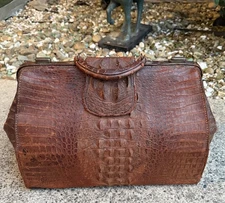 VINTAGE ANTIQUE VICTORIAN CROCODILE SKIN DOCTORS BAG BY STERLING