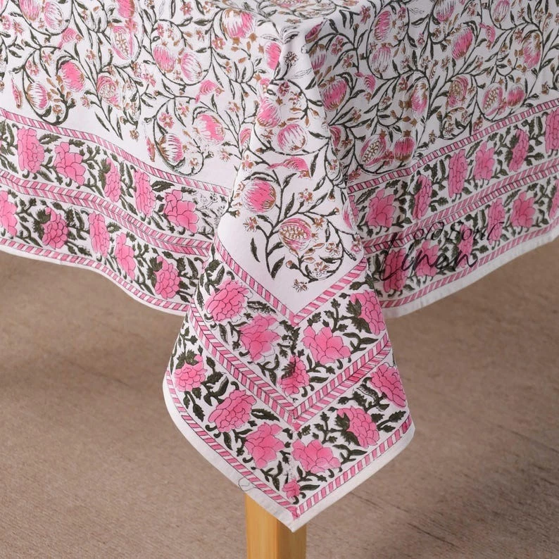 Boho Cotton Tablecloth Pink Floral Block Print Vintage Indian Dining Table Cover - Image 2 of 4