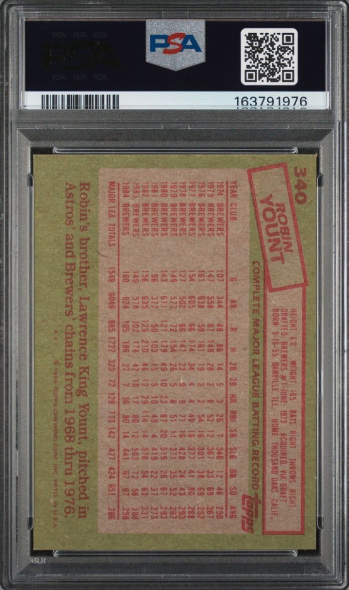 ROBIN YOUNT 1985 Topps #340 Signed/Autographed Card PSA 8/DNA  view 2