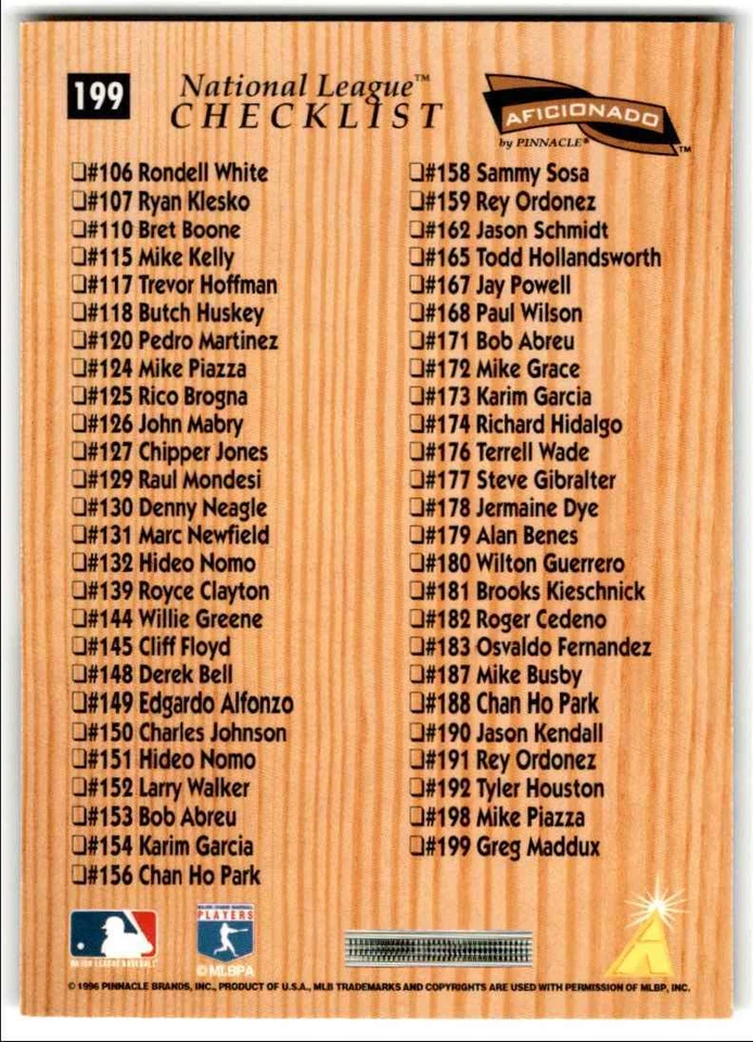 1996 Pinnacle Aficionado National League Checklist Greg Maddux Atlanta Braves - Image 2 of 2