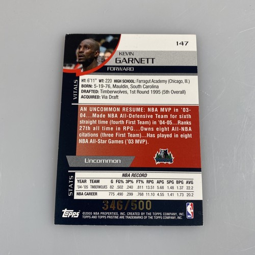 2005-06 Topps prístine Kevin Garnett camiseta/500 #147 base poco común de los Timberwolves - Imagen 3 de 3