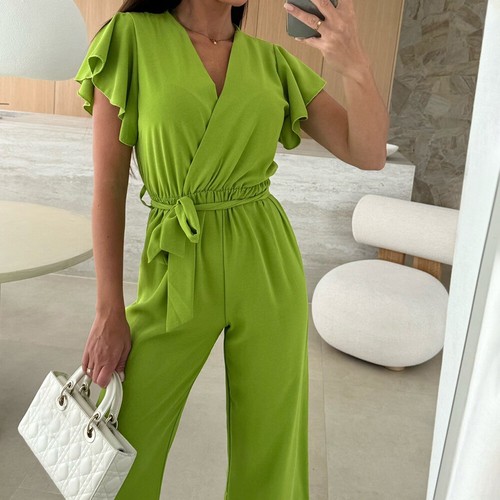 Damen Elegant Kurzarm Einteiler Romper Wickel Jumpsuit Sommer V-Neck Spielanzug - Bild 5 von 22