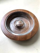 Vintage Mid Century Modern Round Ashtray Wood Clear Glass Insert Two Piece