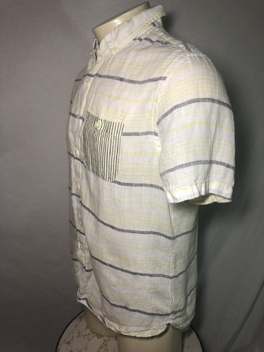 MICHAEL BASTIAN 100% Linen Yellow / Grey Stripe Casual Short Sleeve Shirt Sz M/M - Picture 2 of 11