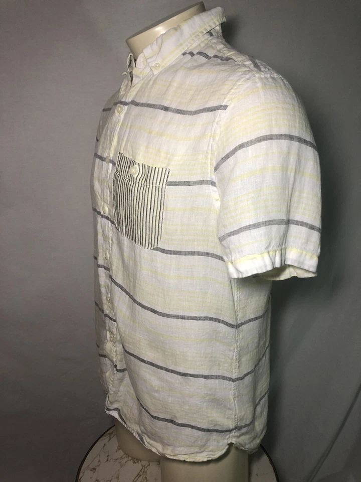 MICHAEL BASTIAN 100% Linen Yellow / Grey Stripe Casual Short Sleeve Shirt Sz M/M - Image 2 of 4