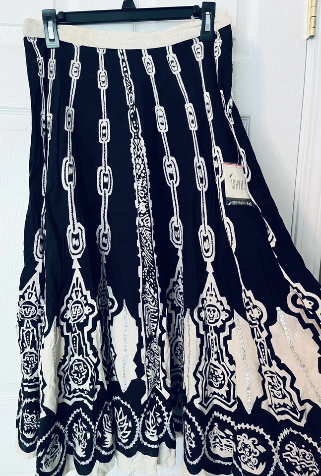 NUEVO CON ETIQUETAS ISHYU Falda 8 Larga Algodón Completo Viscosa Lino Lentejuelas Circulares - Color Negro/Cera Foto 2 de 4