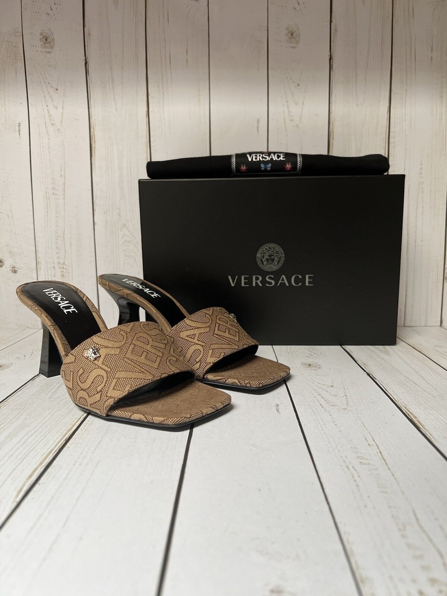 Versace Logo Jacquard Slide Sandal Beige-Brown Sz 38 / | eBay
