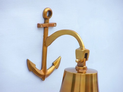 Ship's Bell Brass Plated Solid Aluminum 9" w/ Anchor Bracket Hanging Wall Decor - Picture 3 of 4