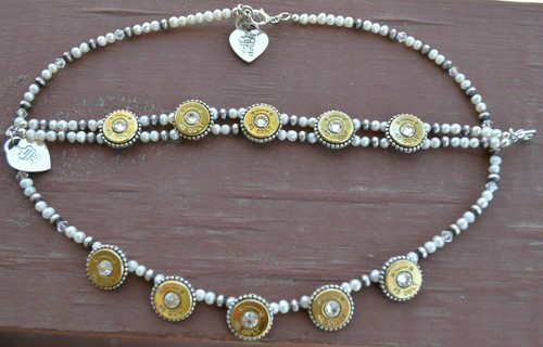  45 Colt Star Line Bullet Casing .925 Sterling /FW Pearl Necklace & Bracelet Set - Afbeelding 1 van 11