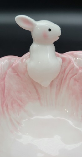 Ceramic Pink Cabbage Shaped Bowl White Bunny Rabbit Salad Snack Cereal Easter  - Picture 10 of 12