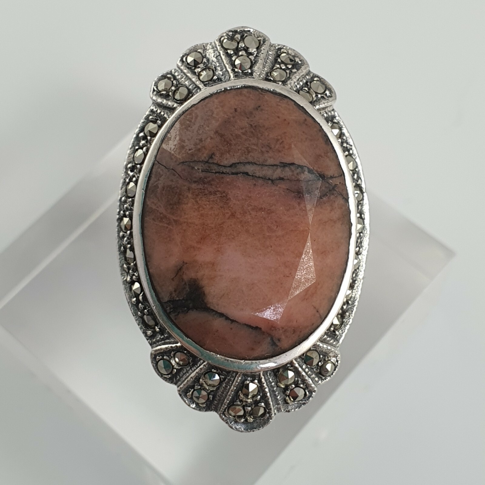 Sterling Silver Ring with Marcasite Quartz Size M-N 18g ~ vintage style (R66)