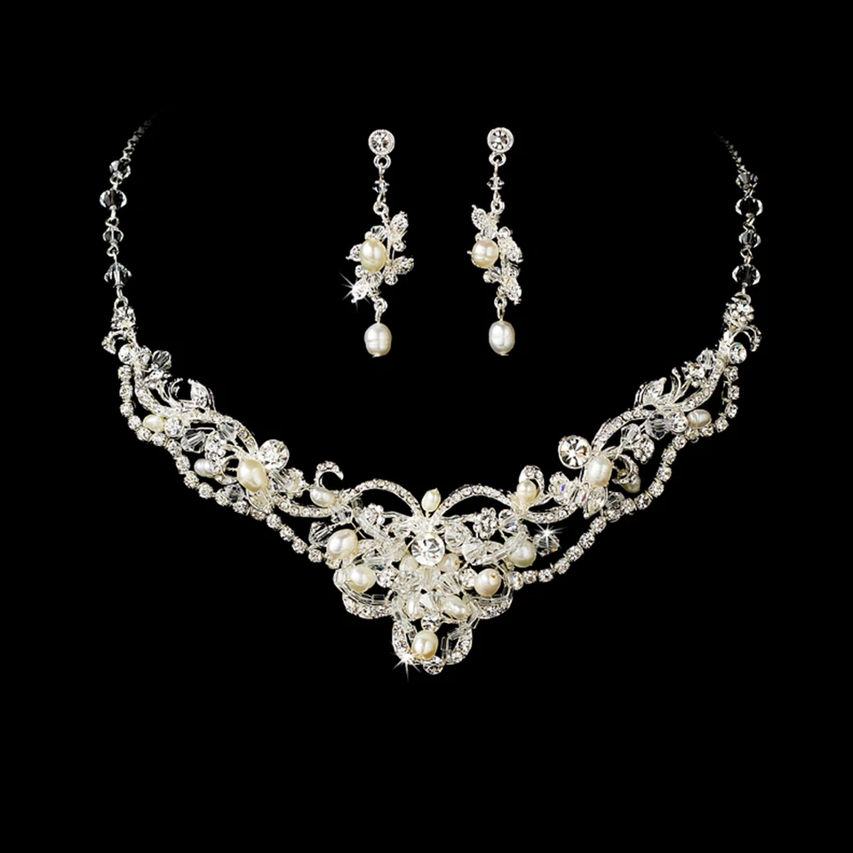 25b Deslumbrante Elegante Novia Marfil Blanco Perla Cristal Cinta Floral Conjunto Collar Foto 2 de 4