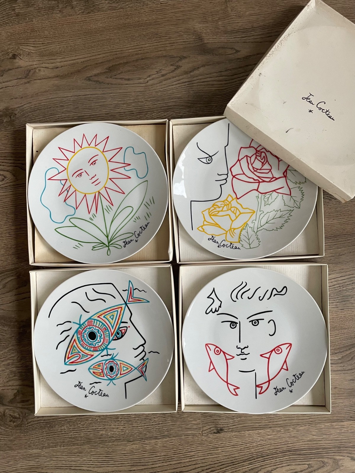 Assiettes Jean Cocteau vintage céramique blanche et noire collection de table d'art