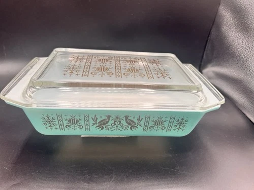 VTG Pyrex Turquoise Golden Birds Promo Casserole Dish 575-B 2 Qt Space Saver