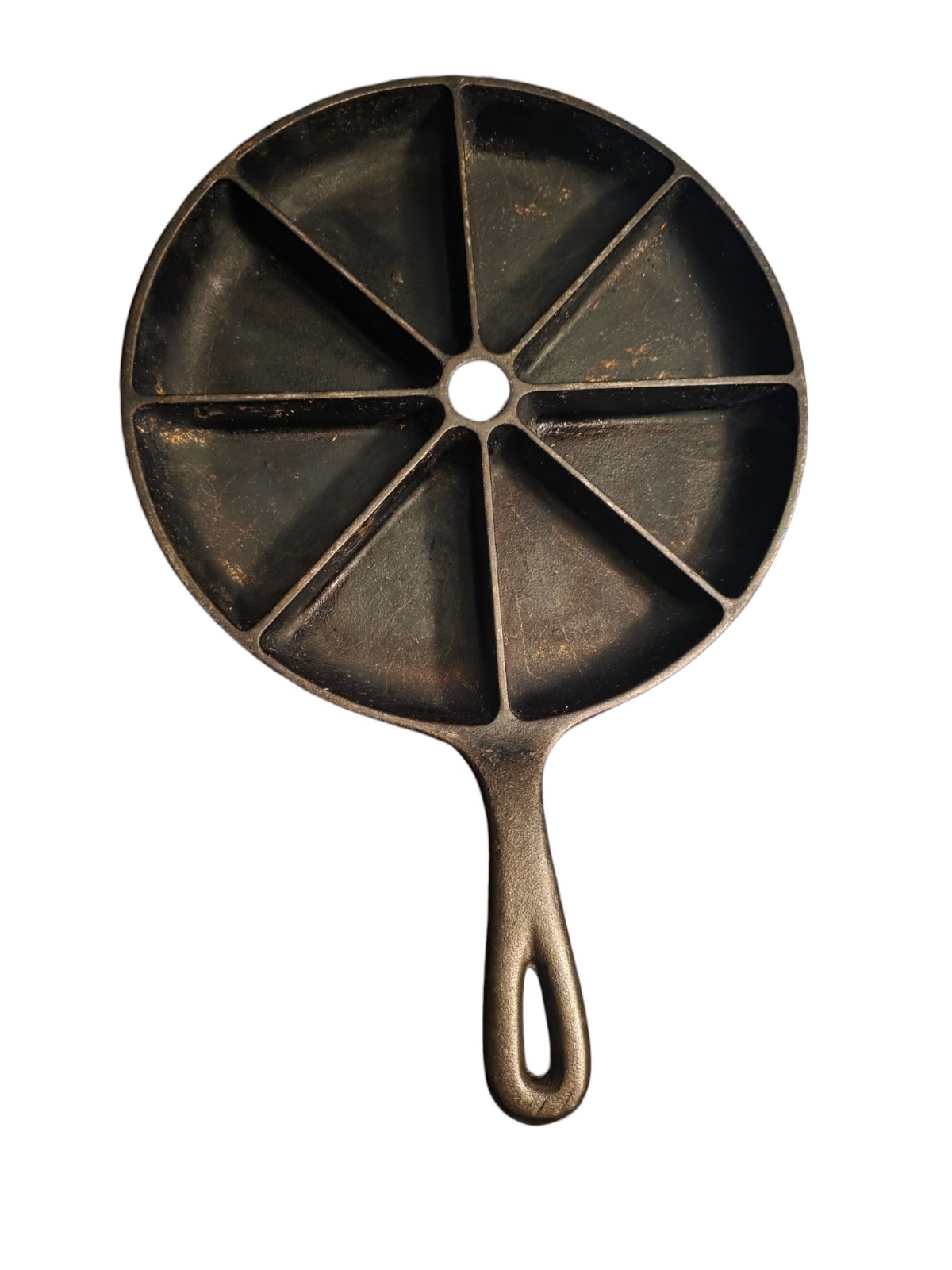 Mid-century cast iron cornbread wedge pan, 8-section divided skillet