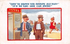 POSTCARD COMIC  SESIDE HUSBAND DROWN SORROWS NO SHE CAN SWIM