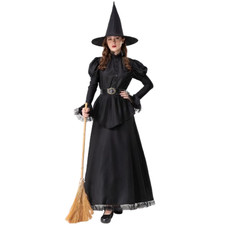 Women s Witch Costume Set with Flared Sleeves, Belted Dress Wizard Hat