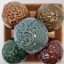 Set of 5 Decorative Ceramic Orbs w/Raised Swirls/Leaves Fall Colors 5" Diameter