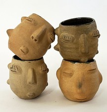 4 MEXICO OAXACA ATZOMPA FOLK ART GREEN GLAZED CLAY FACE MEZCAL COPITA CUP GLASS