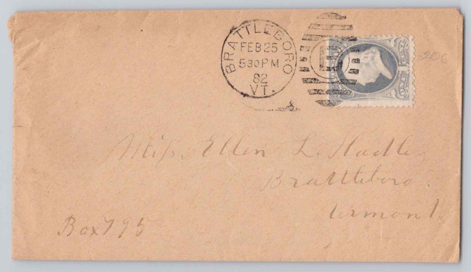 Brattleboro, Vermont, envelope with 2c blue Washington stamp, FEB 25 postmark