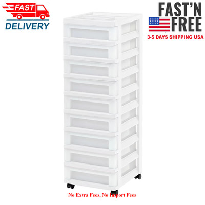 IRIS 9-Drawer Narrow Plastic Storage Drawer Cart with Organizer Top, White, NEW