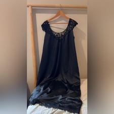 Vintage Lucie Ann black nylon lace slip dress long night gown M/L
