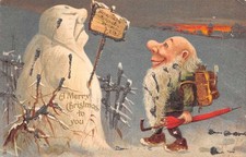 Christmas, Elf With Umbrella, Snowman, Tuck Published, Vintage PC U29750