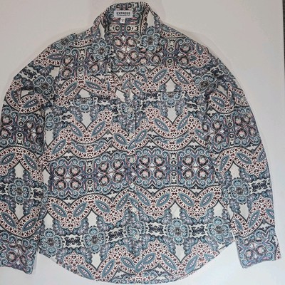 Express Button Down Blouse Womens XS Green Pink Paisley Boho Portofino Shirt
