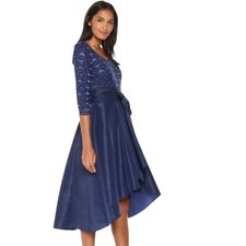 R M Richards NWT Lace Taffeta High Low Bow Waist Formal Dress Navy Size 16