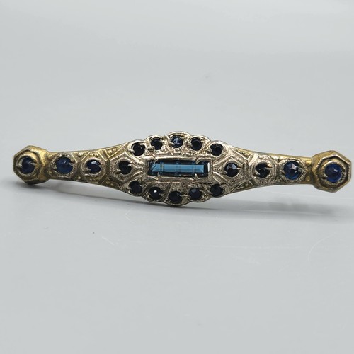 Antique Art Deco Pot Metal Blue Sapphire Paste Rhinestone Bar Brooch