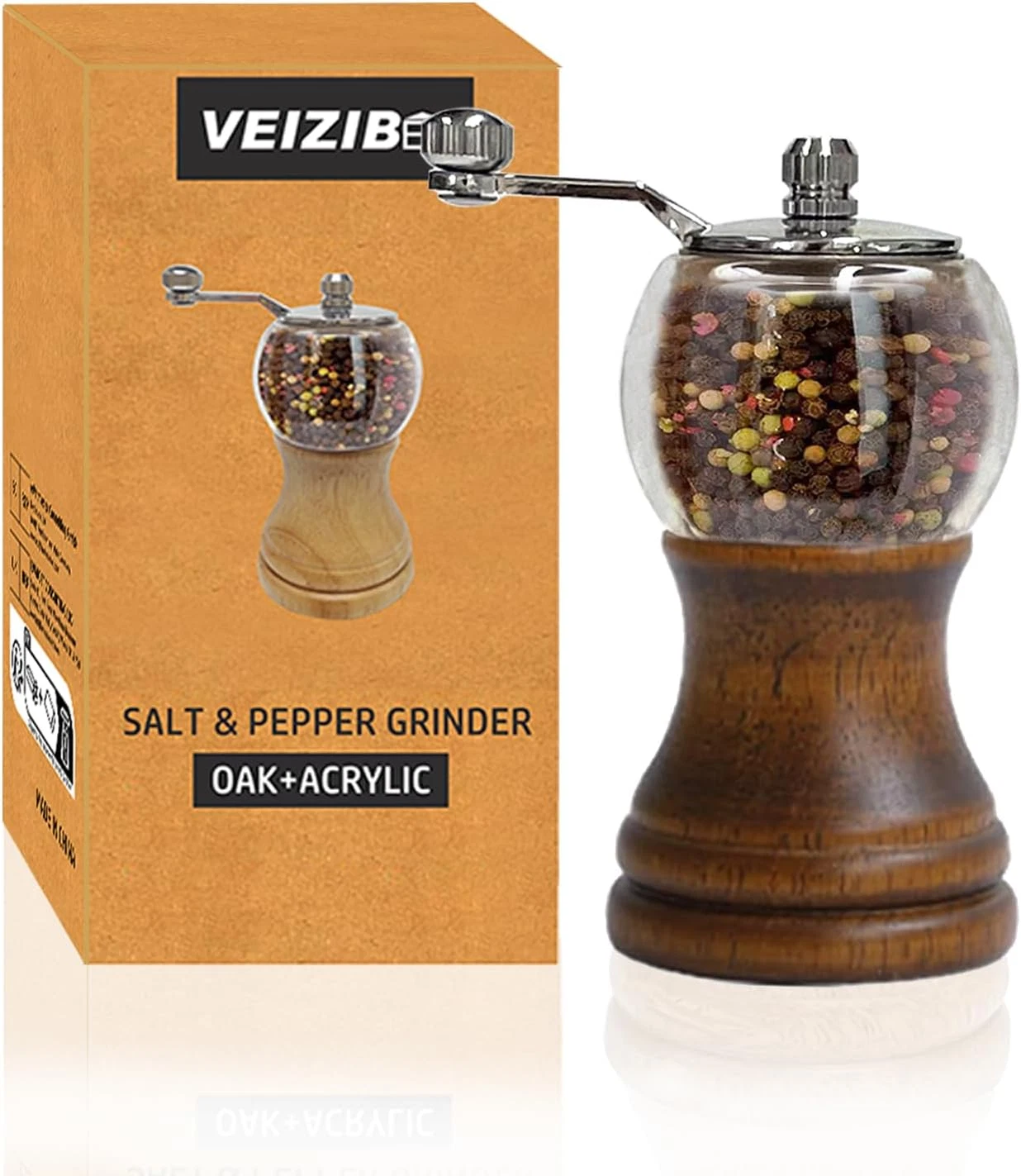 Salt and Pepper Grinder Set Manual Mill Acrylic Hand Crank & Peppercorn Rustic
