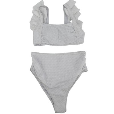  Make Me Chic Medium White Ruffle Sleeve 2 Piece Bikini High Rise Swimsuit