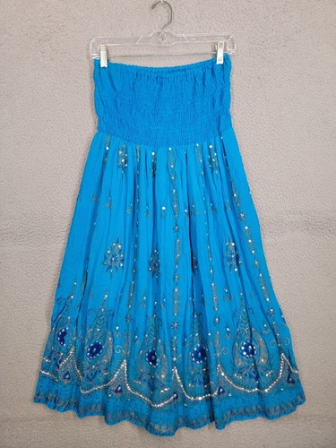 Boho Paisley Beach Dress Large Smocked Strapless Sundress Sequins Turquoise Blue