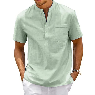 Herren Henley Hemd Kurzarm Leinen Baumwolle Sommer Shirt mit Tasche