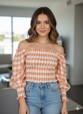 Orange and White Gingham Print Blouse Smocked Bodice and Long Puff Sleeves Sz L