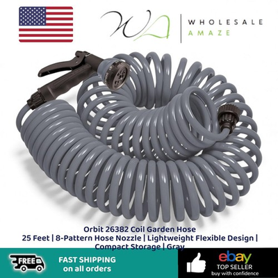 #ad Orbit 26382 Coil Garden Hose 25 Feet 8 Pattern Hose Nozzle Lightweight Flexi $19.99